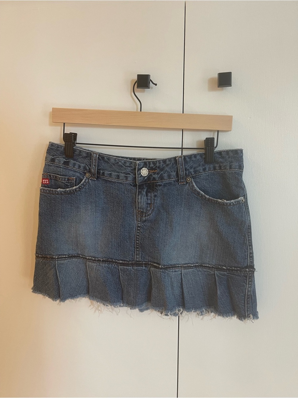 Vintage Lowrise Denim Mini Skirt with Pleated Hem